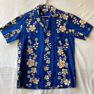 Vtg Pacific Legend Classic Hibiscus Aloha Hawaiian Shirt Navy Blue Size M Mens